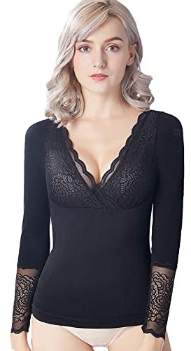 ZooChest Women's Thermal Underwear Top,Black Long Sleeve Crew/V-Neck Thermal lace Vest,Winter Warm Base Layer Running Hiking Cycling Soft Quick Dry Breathable Stretchy Undershirt,M-XL,Fit 40-70kg