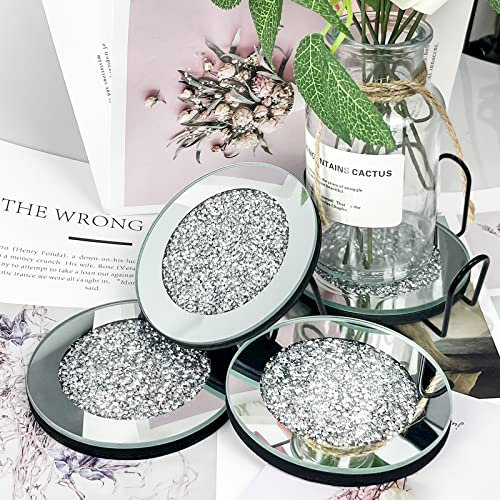 4 Packungen Glasuntersetzer für Getränke mit Halter, DILIBRA Glitzer Bling Bling Crushed Diamond Cup Mat Crystal Drink Untersetzer zum Schutz von Holztisch oder Möbeln vor Kratzern – 10,2 x 10,2 cm