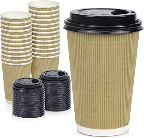 16oz Black Ripple Coffee Cups to Go with White Lids [16oz, 50 Sets] Black Ripple Insulated Paper Cups for Serving Tea, Coffee Paper Cup, Drinking Mug Brown Leak Proof Cup