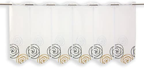 Clever-Kauf-24 nach Maß Scheibengardine Bestickt Bistrogardine H45cm Kreise abstrakt Oliv gelb | Breite der Gardine frei wählbar in 16cm Schritten |