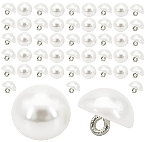 50 Pieces White Pearl Buttons Semi-Circular Pearl Buttons Cap Half Ball Dome with Metal Circle Hook Buttons for Sewing Accessories-10mm
