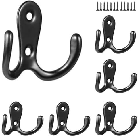 NBFBA Kleiderhaken, 6 Stücke Doppelt Wandhaken, Schwarz Metall Retro Haken, Wand Kleiderhaken mit 12 Schrauben für Badezimmern Schlafzimmern Küche