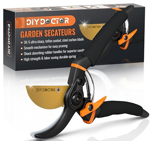 DIY Doctor Premium Gartenschere - 1x Ultrascharfer gehärteter Karbonstahl SK-5 mit Teflonbeschichtung - Rosenschere - Baumschere - Gartenscheren - Stilvoller schwarzer Griff