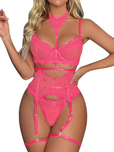 popiv Sexy Dessous-Set für Damen, Strumpfgürtel, Dessous, BH und Höschen, neon pink, L