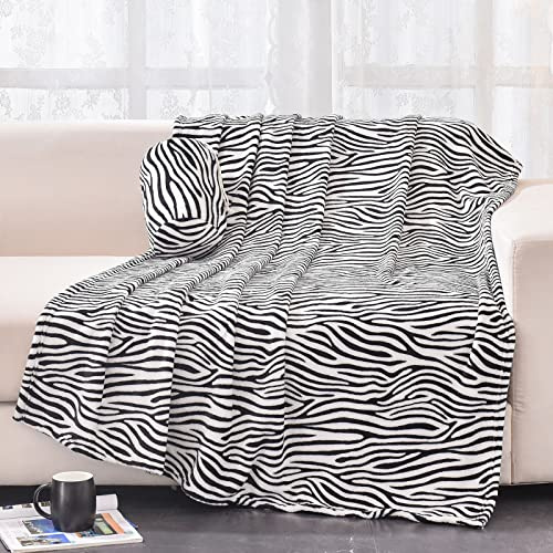 Bnuitland Zebra Print Fleece Flannel Throw Blanket with Storage Pouch, 300 GSM Double Sided Super Soft Lightweight Fuzzy Bed Sofa Blanket for Adults and Kids, Black and White Decor, 50x60 inch