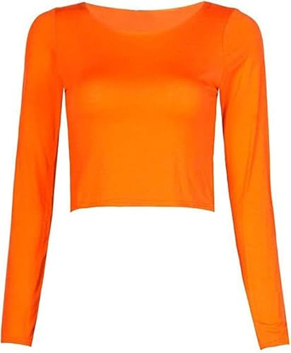 STAR FASHION Women’s Long Sleeve Crop Top Ladies Round Neck Cropped T-Shirt Short Mini Shirt Plain Printed Tops Orange-8-10