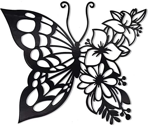 URCHUZE Metall-Schmetterlingsblumen-Wanddekoration, schwarzer Schmetterling, Blumendekor, Wandbild, Schmetterling, Blumenkunst, Wanddekoration für Zuhause, Wohnzimmer, Zaundekoration, 27x27 cm