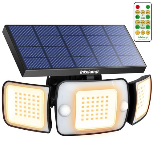INTELAMP Solarlampen für Außenmit Fernbedienung, Solarleuchten für Außen mit Bewegungsmelder Warmweiß 6000 mAh 1200LM, 270°Beleuchtung 4 Modi Bewegungsmelder Aussen Solar Wandleuchte