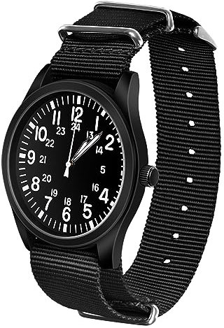 Vicloon Men's Military Analogue Quartz Watch - Glow in Dark, Field Outdoor Sport Wristwatch with Nylon Strap - Army Tactical Minimalist (Black)