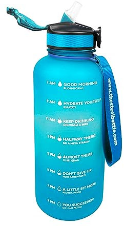 THE STEEL BOTTLE - Botella de agua motivacional deportiva de 2,2 litros con niveles e indicador de tiempo, pajita y franjas horarias - BPA y libre de ftalatos - cierre hermético