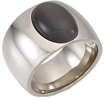 Mesnt Ringe Frauen Edelstahl, Edelstahl 15MM breiter Ring mit ovalem Stein für Damen Silber Schwarz, Größe 60 (19.1)