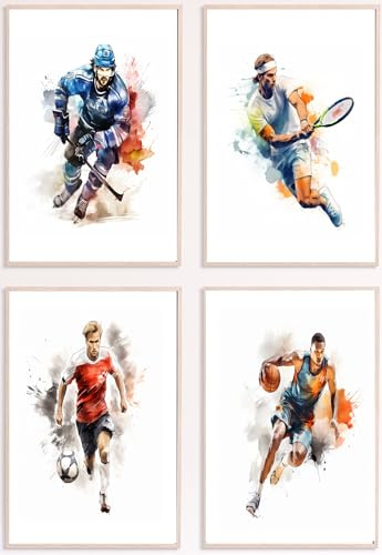 Generisch Deko Dreamy Doodles® | Sportmotive | 4er Poster Set | Hochwertiger A4 Druck ohne Rahmen | Kinderbilder Sport Bilder Kinderzimmer | Fußball Tennis Basketball Eishockey