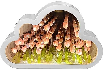 Wolke Tulpenspiegel Nachtlicht,Wolke Tulpe DIY Lampe,2-in-1-Wolken-Tulpenspiegel-Nachtlicht, Romantische Nachttischlampen-Dekoration, LED Blumen-Nachtlicht für Freunde, Mädchen, Paare (Rosa)