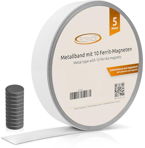 ECENCE Nastro metallico adesivo 5m x 35 mm - con 10 magneti in ferrite - Nastro ferro, Striscia in acciaio per appunti, foto, immagini, note