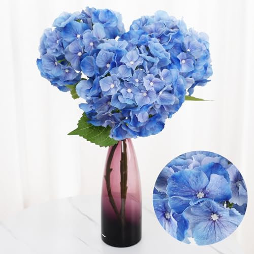 Avoeco 3Pcs 21” Hydrangea Artificial Flowers, Large Real Touch Hydrangea, Lifelike Faux Blue Hydrangeas, Fake Hydrangea Stems Perfect for Home Decor, Wedding, Party,Centerpiece Decor (Blue)