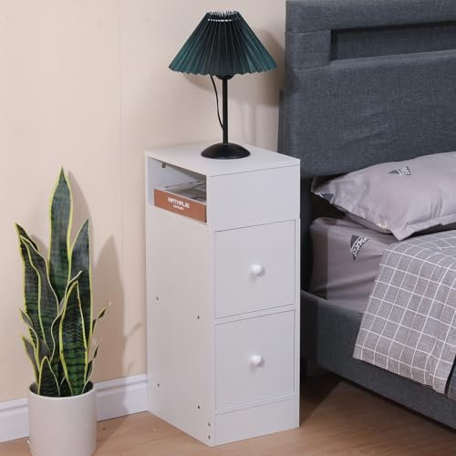 Pantanal Slim Wood Bedroom Nightstand Bedside Table Cabinet with Drawers and Storage Shelf, Narrow Living Room Sofa Side Table for Small Corner Space