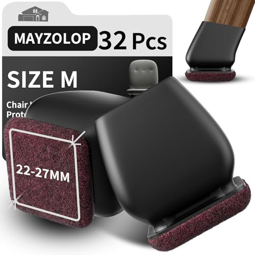 MAYZOLOP 32PCS Chair Leg Floor Protectors, 1inch Black Chair Leg Caps for Tilt Chair Legs, Hardwood Floor Protectors for Furniture Legs with Felt Pads Sliders,No Scratches No Noise