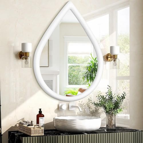 FEUFOAM White Vintage Mirror Teardrop Wall Hanging Mirror Wood Frame 65x45cm Wall Mirrors Decorative for Entryway Living Room Bathroom Hallway Home Decor