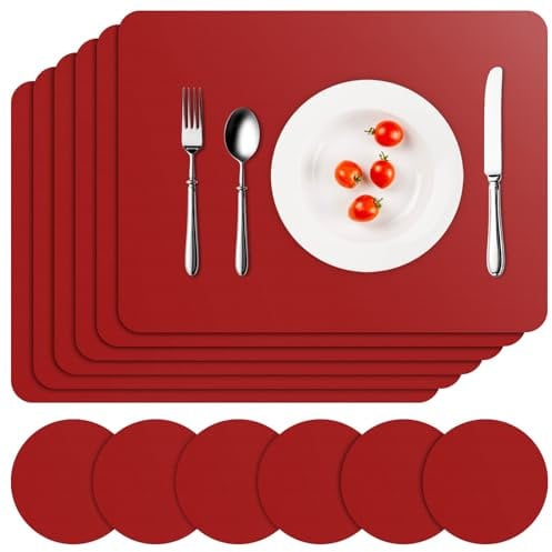 APLKER Tischset Leder 6er Set - Kunstleder Platzset Abwaschbar, Hitzebeständig Doppelseitigen Wasserdicht Platzdeckchen Lederoptik mit Tischuntersetzer rutschfest, 16 x 12 Zoll (Rot)