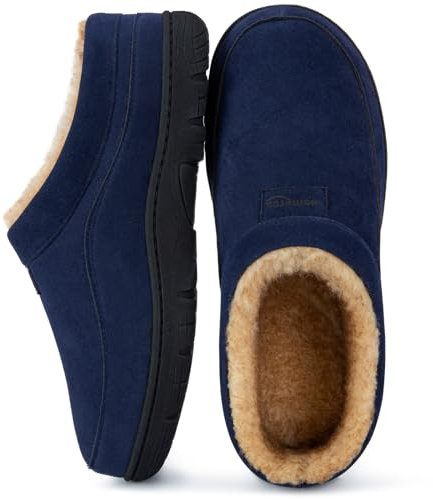 HomeTop Herren Mokassin Hausschuhe Weiche Warme Rutschfeste Memory Schaumstoff Innen Pantoffeln mit flauschigem Futter Marineblau,46-47 EU