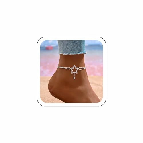 Wendalern Bracelet De Cheville Étoile Argenté Strass Étoile Creuse Bracelet De Cheville Perles Superposées Chaîne De Tennis Bracelet De Cheville Plage Cristal Chaîne Bijoux De Pied Pour Femmes