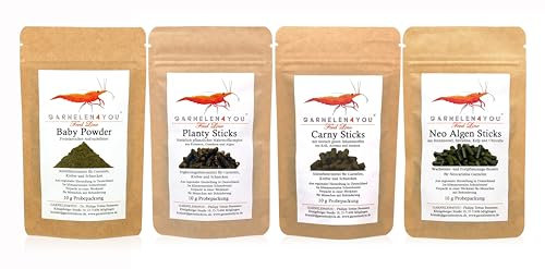 GARNELEN4YOU® Probeset Hauptfutter | Premium Garnelenfutter | aus regionaler Herstellung in DE | nachhaltige Verpackung | für Caridina & Neocaridina Garnelen, Krebse und Schnecken | 4X 10 g