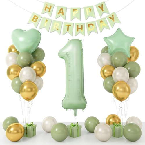 1st Birthday Decoration for Boys Girls, Sage Green White Gold 1st Birthday Balloon with 40 Inch Number 1 Balloon Star Heart Foil Balloons and Banner for Baby 1 Year Old Party Decor
