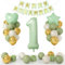 1st Birthday Decoration for Boys Girls, Sage Green White Gold 1st Birthday Balloon with 40 Inch Number 1 Balloon Star Heart Foil Balloons and Banner for Baby 1 Year Old Party Decor