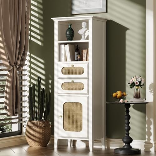 Azkoeesy Rattan Vitrine, Hochschrank, mit 2 Schubladen aus Rattan, 140x50x38 cm, Massivholz Beine, Sideboard Standschrank für Wohn- und Esszimmer