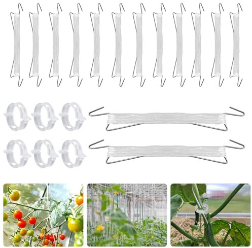 KINGLAKE Tomatenhaken mit Schnur - 20 Stück Tomaten haken Metall mit 20 Stück Tomateclips und 10m Tomaten Rankhilfe Schnur, Tomatenhalter, Tomatenklammern, Tomaten Rankhilfe Für Kletterpflanzen Gemüse