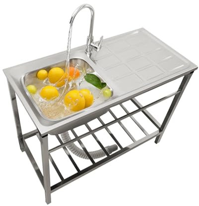 Fregadero Cocina Exterior Jardin Fregadero Comercial De Acero Inoxidable con Grifo Y Escurridor, Fregaderos Industriales Fregadero Utilitario Para Garaje, Bar, Fregadero de Lavandería(75x40xH75cm)