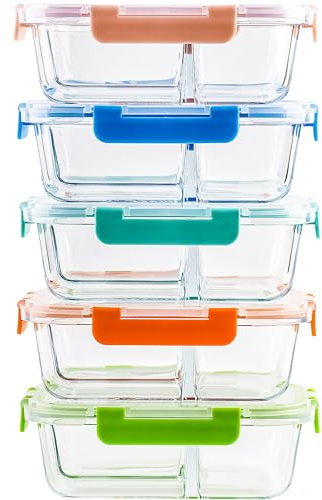 HAKEEMI 5-Pack,3 Compartment Glass Meal Prep Containers Set,34oz, Divided Food Storage Containers with Lids, Glass Lunch Box with 3 Dividers