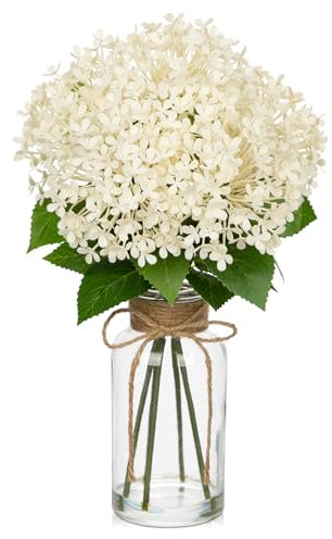 Briful Kunstblumen Wie Echt, 25CM Künstliche Hortensien im Glastopf mit Kunstwasser Künstliche Blumengesteck Weiße Kunsthortensien Dekoblumen für Bad Küche Tisch Dekoration