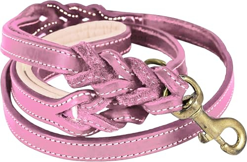 DowgClub Hundeleine aus Leder, geflochten, mit gepolstertem Verkehrsgriff, robuste Leine für mittelgroße, große, XL, kleine Hunde, Doppelgriff, Rosa mit D-Ring, 1,8 m x 1,8 cm, Rosa
