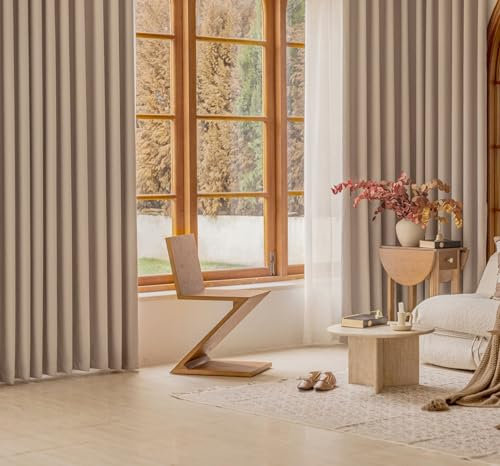 KnSam 2er Set Wohnzimmer Vorhang Fenster Hellbraun, Vorhänge Gardinen Jacquard Einfarbig, Chenille Ösen Vorhänge Polyester Ösenvorhang Verdunkelung, Jeder B 132 x H 183cm