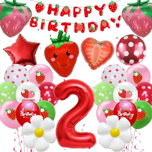 Erdbeer Ballons Deko 2.Geburtstag Mädchen - 39 Stück Erdbeeren Deko, Happy Birthday Banner, roter Folienballon Nummer 2, süße Erdbeer Gänseblümchen Ballons für Mädchen Sweet 2. Geburtstag Deko