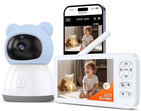 ACEBELL 2K WiFi Baby Monitor with 5'' 1080P Screen, Smart Baby Camera with App Control, 360°Auto Tracking, Motion & Sound & Humidity & Temperature Detection, Long Battery Life, Night Vision,2-Way Talk