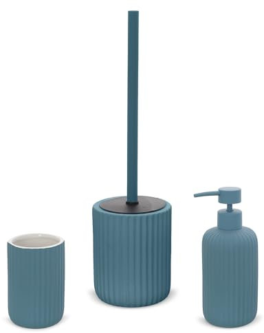 Inbagno Set Accessori Bagno 3 Pezzi in Ceramica Blu Pastello cannettato, Dispenser Sapone portaspazzolini e portascopino Soft Touch, Spring