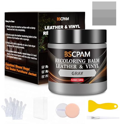 BSCPAM Kit Reparation Cuir Gris,Balsam pour Recoloriage Cuir,Peinture Cuir Liquide,Vinyle Teinture Cuir Réparation pour Canapés,Sièges Voiture,Chaussures,Selle,Blouson en Cuir Griffures/Taches