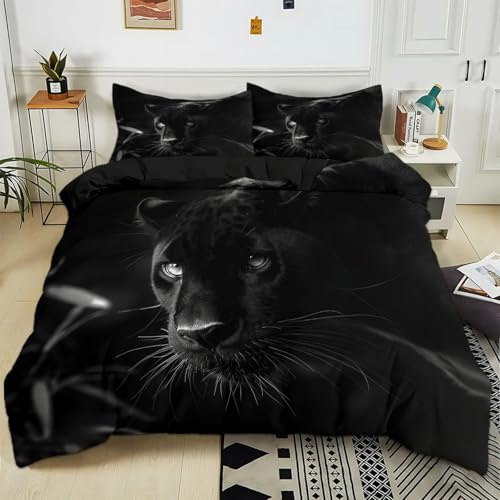 Generisch Bettwäsche 135x200 cm Tierwelt Schwarzer Leopard 3teilig Bettwäsche-Sets Kinder Mikrofaser Baumwolle, Soft Jungen Mädchen Bettwaren Bettbezug mit 2 Kissenbezug 80x80 cm