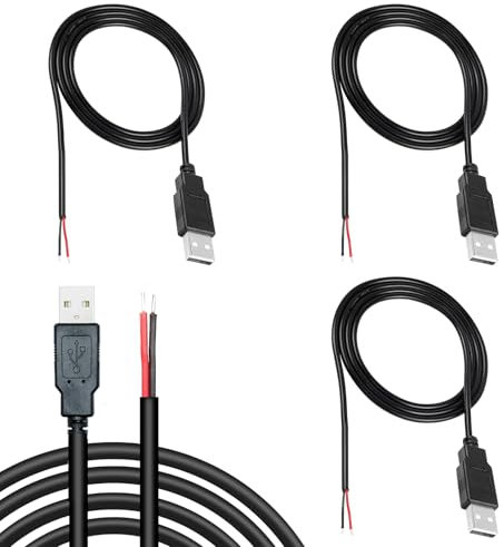 KARELLS 3 PCS Cable de Cola de Cerdo USB,200cm Extensión del Cable de Alimentación,22AWG 5V 3A USB,Conector Abierto de 2 Pines Desnudo para DIY