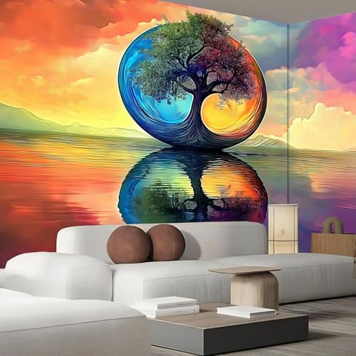 Yin-Yang-Symbol Wandbild Tapete Abstrakter Baum Tapeten 250×175cm Foto Tapete Schlafzimmer Wohnzimmer,Moderne Bildtapete fototapete 3d Effekt Wandtapete