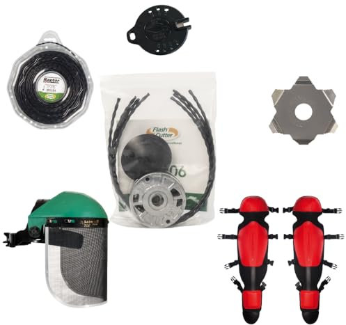 Kit FlashCutter para desbrozadora, compuesto por cabezal universal UFC06, hilo Raptor ovalado trenzado 3,3 mm, disco antienredos, cortador para hilo, patas protectoras y visera profesional