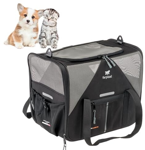 Ferplast Dog Carrier VOYAGER, Cat Carrier, Pet Carrier, Adjustable Handles and Shoulder Strap, Safety Belt, Double Side Opening, with Cushion, Max 15 kg, 45x30x h33 cm, Black