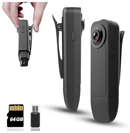 Mini cámara corporal con grabación de audio y video, cámara POV pequeña 1080P con tarjeta de 64 G, grabadora portátil personal portátil, grabadora DV, versión nocturna, videocámara para seguridad de