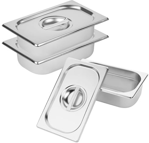 Gemsaya 3er Set GN Behälter 1/3 mit Deckel, Edelstahl Gastronormbehälter, für Küche und Speisekammer, auslaufsicher, wiederverwendbar, Bento Lunchbox aus Metall (32.5 x 17.5 x 6.5 cm)