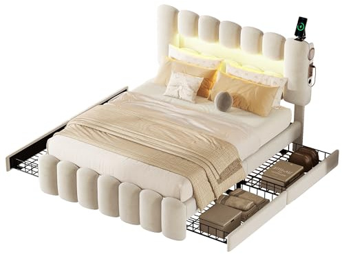 SOFTWEARY Polsterbett mit LED-Beleuchtung, Lautsprecher, Schubladen und Kopfteil, Doppelbett, Samt (beige, 160x200 cm)
