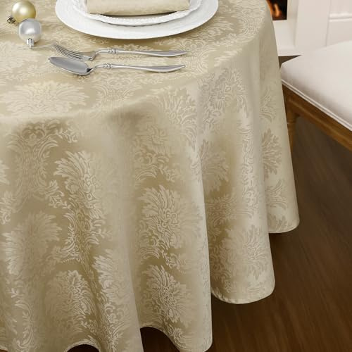 Romanstile Runde Tischdecke Outdoor Groß Beige Creme 180 cm, Abwaschbare Jacquard-Tischdecke Vintage Barock Stil Festlich für Frühling,Ostern,Ferien,Geschenke,Restaurant,Geburtstag,Hochzeiten,Garten