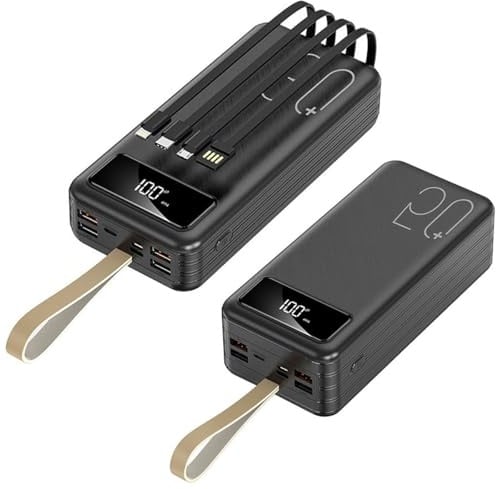 Power Bank 50000Mah Power Bank, 1A Schnelllade-Akku mit LED-Anzeige und 4 Kabeln, 7 Ausgängen und 4 Eingängen Tragbares Ladegerät, Schwarz, 50000mAh