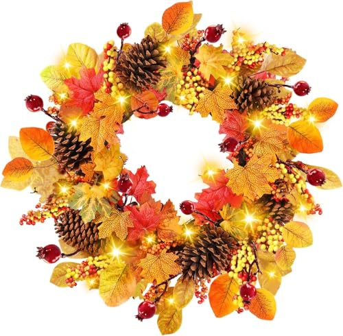Herbst Kranz,Künstlicher Autumn Wreath Haustür Dekoration Kranz mit Ahornblätter Kürbis Bunte Beeren für Halloween Thanksgiving Weihnachten Wandschmuck (Orange)